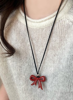 安可拉红色蝴蝶结吊坠项链女款高级感挂脖装饰毛衣链小众长款配饰