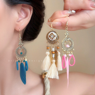 乘着风~超仙流苏羽毛耳环女夏季复古民族风耳钉波西米亚耳饰耳挂