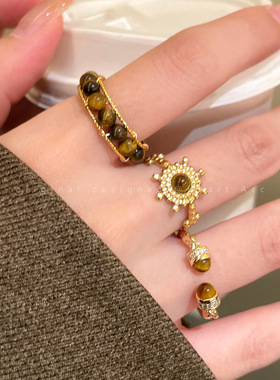 美拉德太阳花虎眼石戒指女复古高级感百搭食指戒轻奢小众设计指环