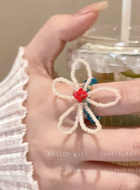 彩色水晶花朵串珠戒指女小众设计可爱甜美指环2025新款爆款食指戒