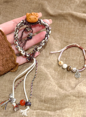 与猫秋天然石编织手链复古叠戴