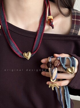 小众拼色丝巾爱心项链女独特设计感系脖毛衣链2025新款多功能配饰