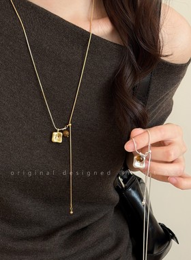 虎眼石拉丝方糖吊坠项链女轻奢高级感秋冬百搭毛衣链长款抽拉配饰