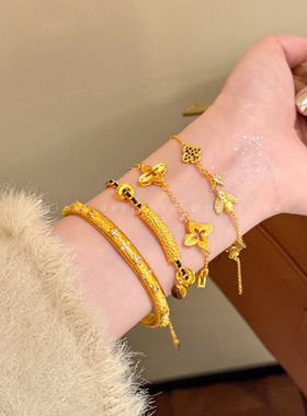 中古拉丝金色四叶草五花手链女款轻奢高级感精致设计拉丝手绳手镯