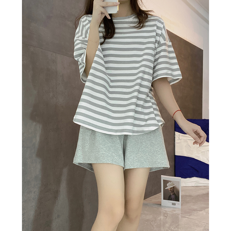 贝妍睡衣女夏季纯棉新款短袖薄款条纹夏天休闲可外穿家居服套装