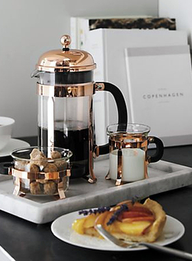 北欧复古玻璃玫瑰金属托法压咖啡茶壶杯套装方托盘样板间厨房餐厅