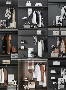 【女士衣帽间组合】样板房包衬衫长裙黑白咖橙色收纳盒帽子装饰画