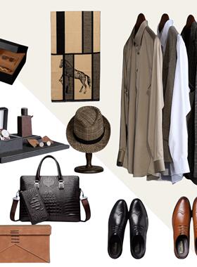 山海样板房衣帽间衣服组合男士咖色西服皮鞋衬衫软装饰品摆件轻奢