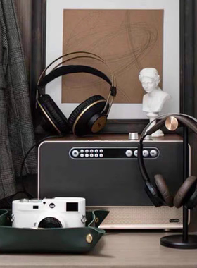 现代复古耳机音响耳麦原木皮摆件样板间书房卧室民宿音乐主题装饰