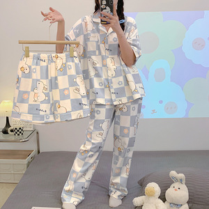 阪织屋官方旗舰店2024年夏季女士短袖短裤睡衣开衫长裤三件套棉质
