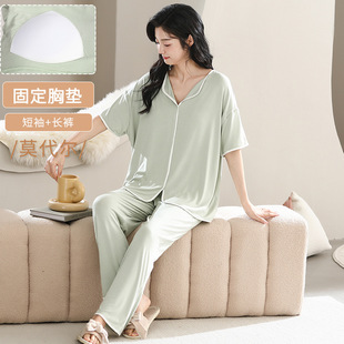 阪织屋官方旗舰店带胸垫睡衣女士夏季莫代尔套头短袖长裤免穿文胸
