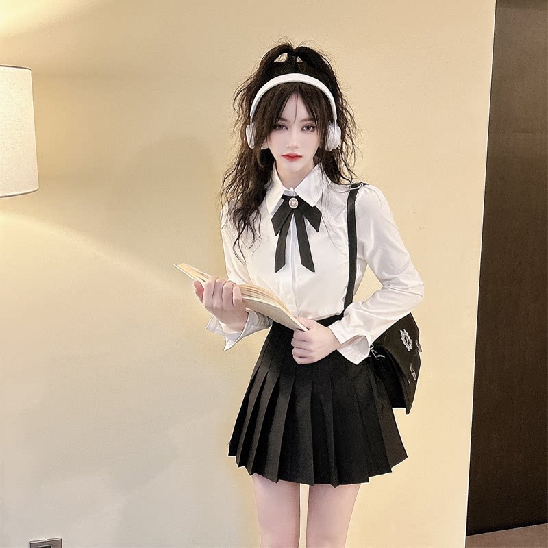 学院风jk制服辣妹穿搭套装日系清纯学妹长袖衬衫上衣百褶裙两件套