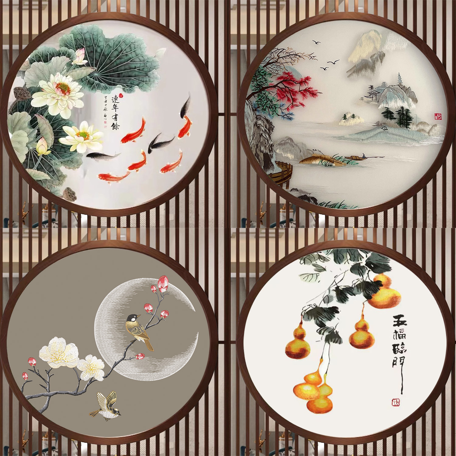 双面刺绣挂画定制成品立体苏绣新中式背景墙客厅装饰画手工刺绣片图片