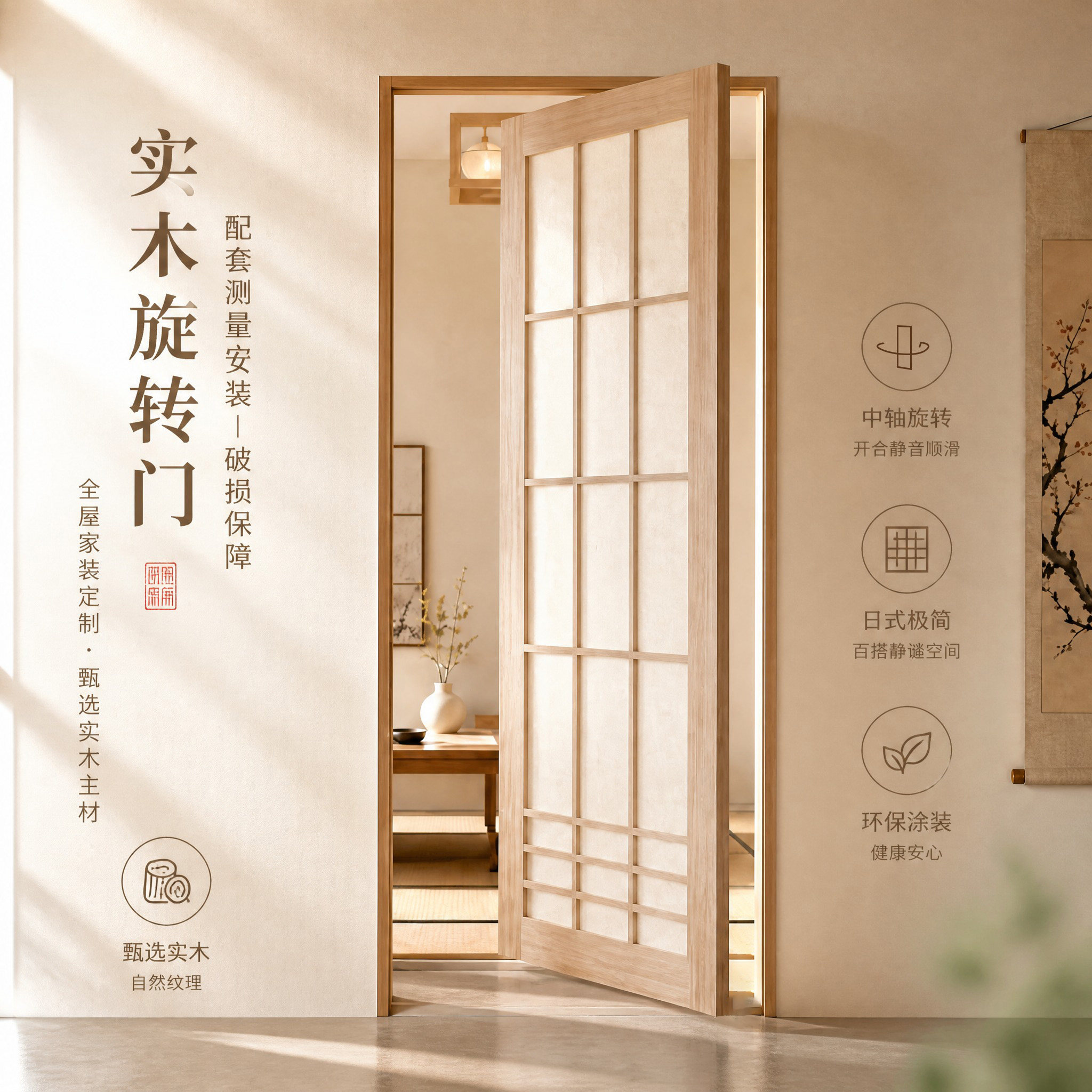 定制实木中轴卧室悬浮门日式推拉门360度天地轴偏轴酒店旋转门