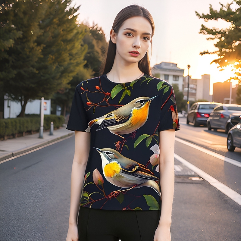 2024夏季egly小清新小鸟3D印花短袖男女潮流百搭时尚圆领T恤