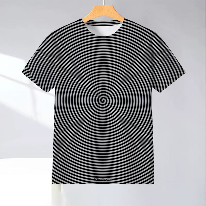 2025夏季新款热销几何眩晕图案3D数码印花时尚圆领短袖上衣t恤