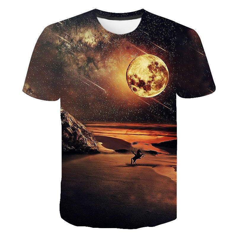 亚马逊夏季外贸 潮流上衣 星空图案 3D数码印花 宽松 休闲短袖T恤