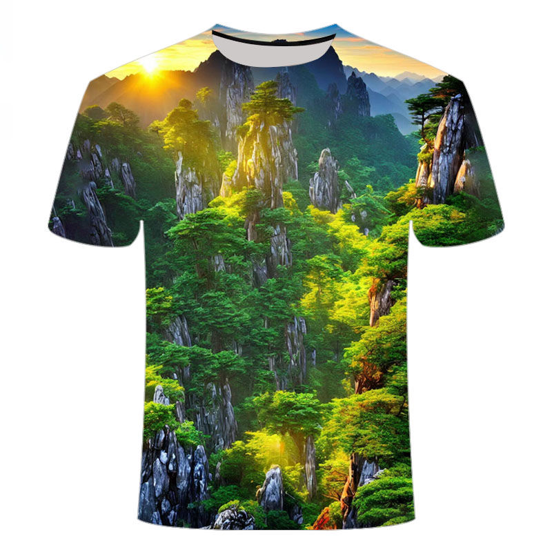 egly新款黄山日出图案小众男女款 高级3D印花休闲潮男圆领短袖T恤