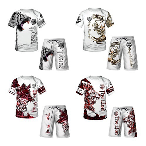 2023夏季跨境外贸新款维京符号3D印花男T恤运动套装休闲大码短袖