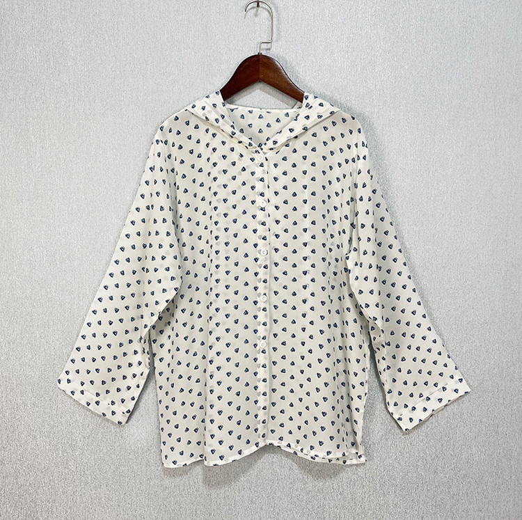 简单干净立体小印花 真丝双绉九分袖连帽卫衣外套 桑蚕丝宽松衬衫