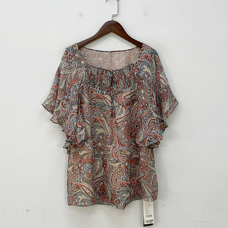真丝乔其纱腰果花印花飞飞袖T恤
