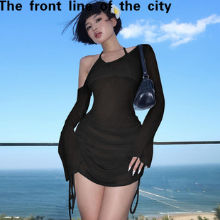 sexy hip hugging Lace 纯欲辣妹风斜肩长袖 fit dress秋季 透 slim