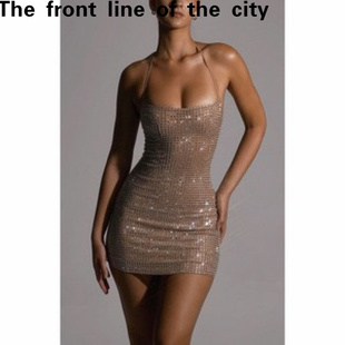 slim hugging fit hip dress高端轻奢小众烫钻挂脖连衣 sexy Lace