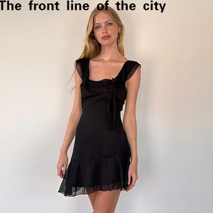 dress新款 方领 fit 气质无袖 法式 时尚 hugging hip sexy slim Lace