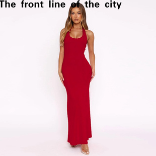 sexy hip 纯色U字领无袖 slim 挂 新款 fit dress夏季 Lace hugging