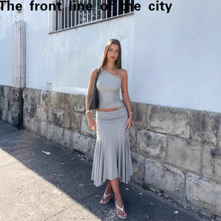 sexy fit hip hugging 露 Lace dress欧美ins风纯色斜肩无袖 slim