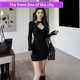 slim dress甜辣包臀黑色连衣裙秋季 lace Sexy party mini 新款 长