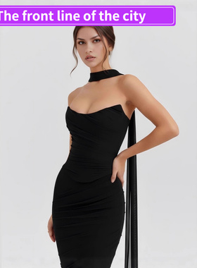 Strap slimming party slit sexy long dress新款欧美纯黑色修身