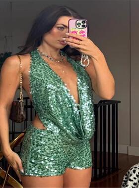 deep V backless sequined tank top sexy slim fit dress年品小