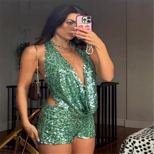 deep V backless sequined tank top sexy slim fit dress年品小