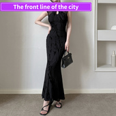 dress新中式 Sexy 国镂空网纱拼接旗袍女高 party mini slim lace