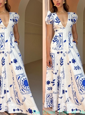 Printed slim fit cotton linen sexy bubble dress2024低胸V领时