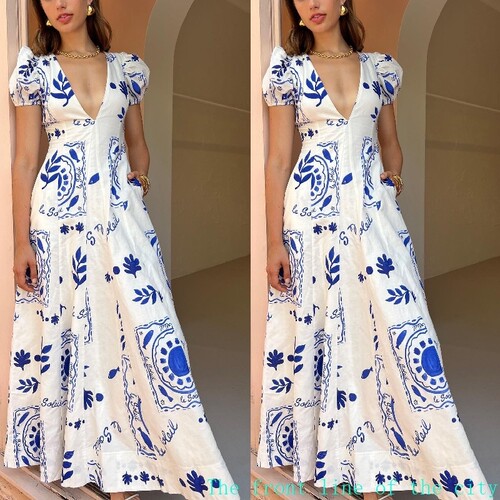 Printed slim fit cotton linen sexy bubble dress2024低胸V领时