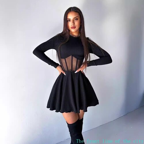 Floral sexy casual bubble dress2024秋冬时尚圆领长袖连衣裙网