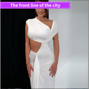 Fashion Sexy Strap Women斜领镂空纯色无袖 修身 for Split Dress