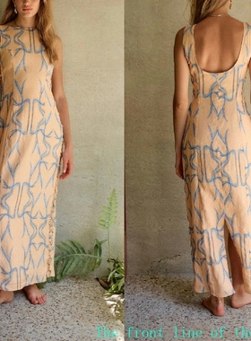 Printed slim fit cotton linen sexy bubble dress印花棉麻无袖