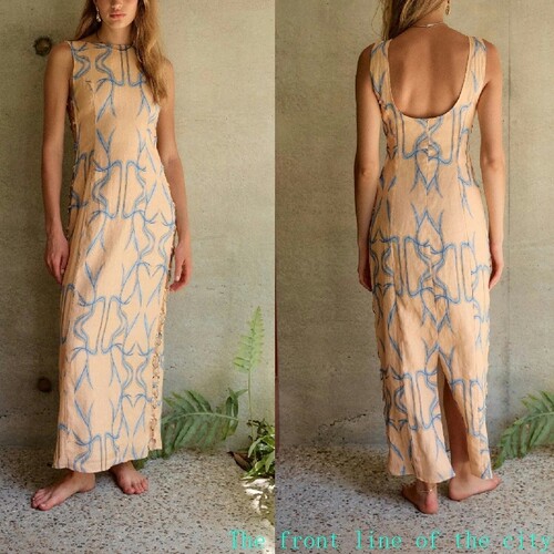 Printed slim fit cotton linen sexy bubble dress印花棉麻无袖
