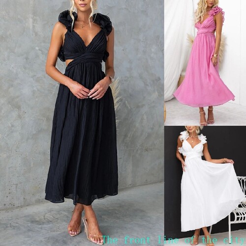Printed slim fit cotton linen sexy bubble dress2024无袖纯色