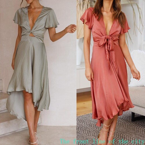 Printed slim fit cotton linen sexy bubble dress短袖V领不规则