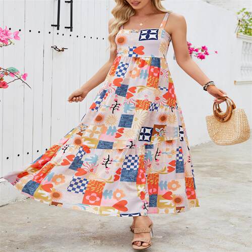 Sexy camisole graffiti print big swing dress实拍爱心花朵度假