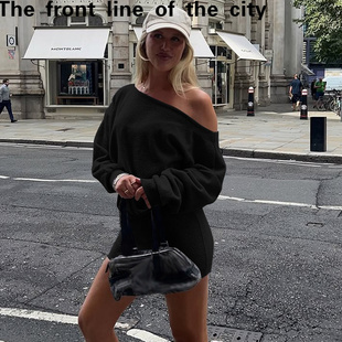 sexy hip 时尚 slim 街拍纯色一字 新款 fit dress秋季 Lace hugging