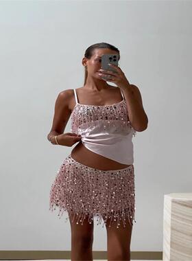 deep V backless sequined tank top sexy slim fit dress年粉色