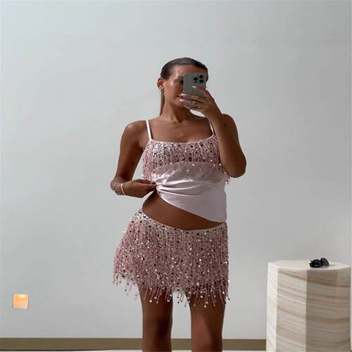 deep V backless sequined tank top sexy slim fit dress年粉色