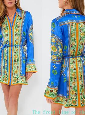 Printed slim fit cotton linen sexy bubble dress翻领系带收腰
