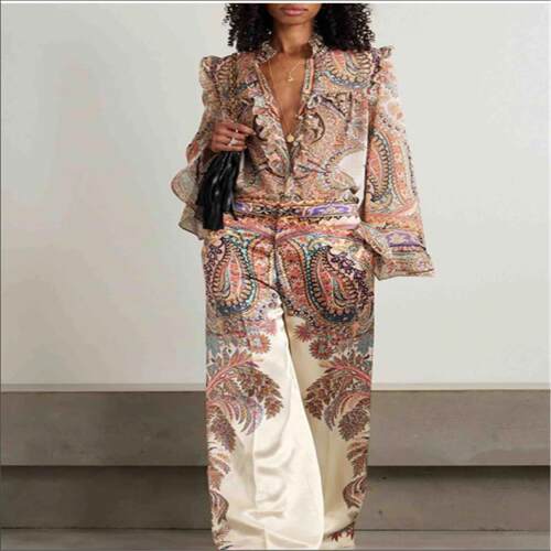 Sexy Deep V Flower Dress Printed Satin Vacation Long Dress时