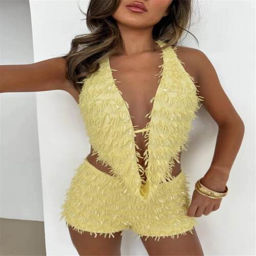 deep V backless sequined tank top sexy slim fit dress年吊带